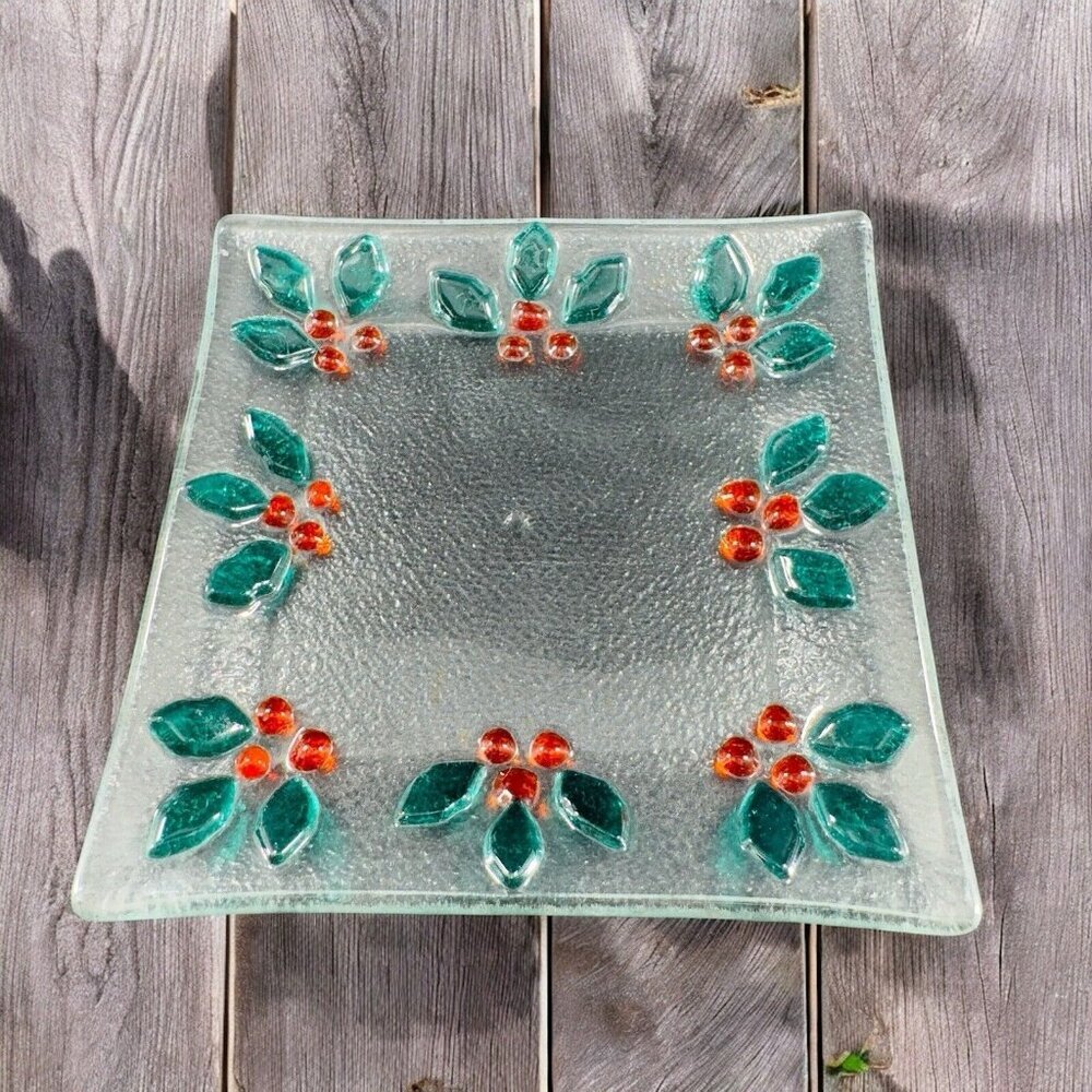 Square Fused Art Glass Dish Plate With Holly Berries‎ Flowers Clear Holiday VTG